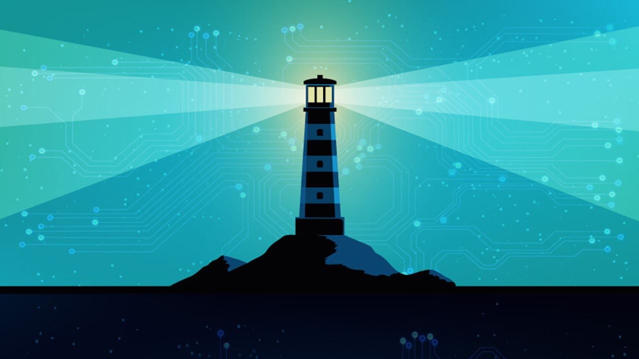 Lighthouse projecting beams of light over a digital circuit-patterned sky, symbolizing strategic guidance and navigation in the evolving AI security landscape.