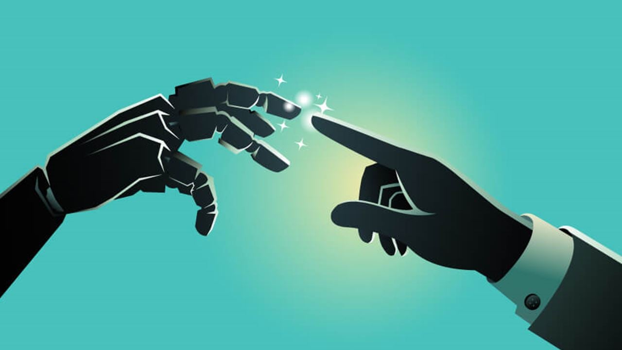Human and robotic hands reaching to touch glowing fingertips