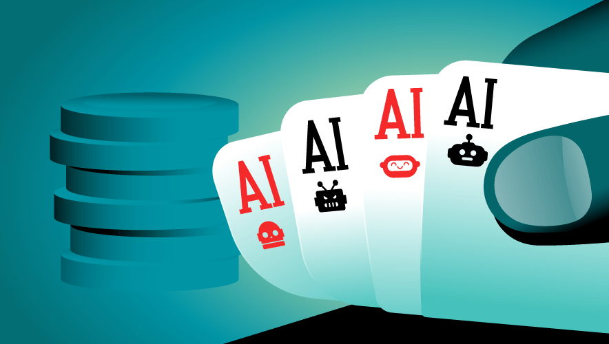Hand holding AI playing cards with robot icons beside stacked coins on teal background