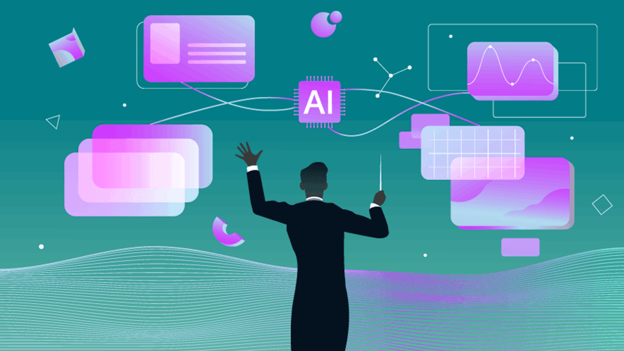 AI conductor orchestrating connected data dashboards and analytics visualizations across a digital landscape.