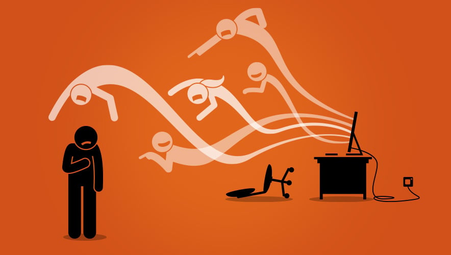 An illustration on an orange background of five ghosts flying out of a computer monitor towards a black figure.