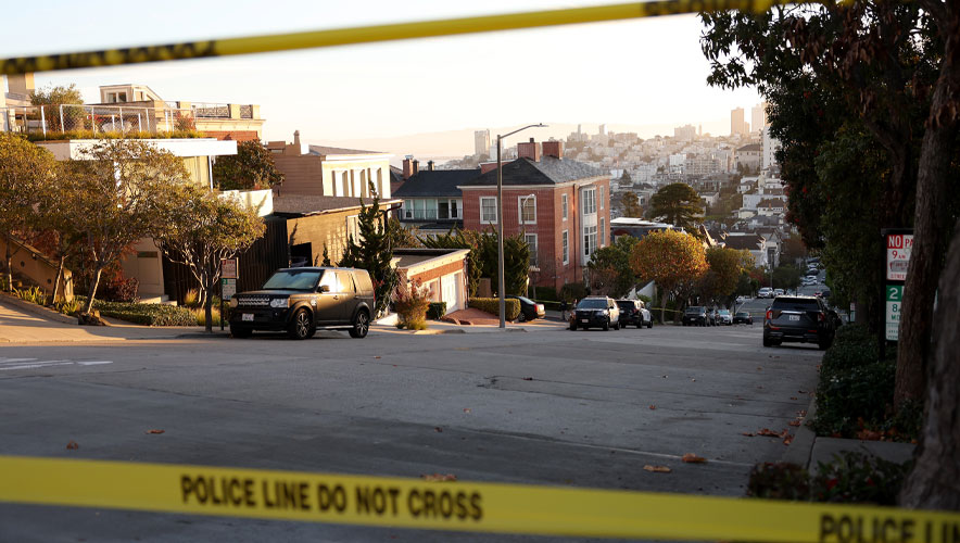 Police tape is seen in front of the home of U.S. Speaker of the House Nancy Pelosi (D-CA) on Final here: October 28, 2022 in San Francisco, California. Paul Pelosi, the husband of U.S. Speaker of the house Nancy Pelosi, was violently attacked in their home by an intruder. One arrest has been made. Speaker Pelosi was not at home at the time of the attack. (Photo by Justin Sullivan/Getty Images)