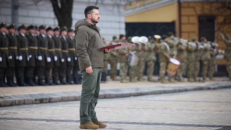 KYIV, UKRAINE - FEBRUARY 24: (----EDITORIAL USE ONLY â MANDATORY CREDIT - 'UKRAINIAN PRESIDENCY / HANDOUT' - NO MARKETING NO ADVERTISING CAMPAIGNS - DISTRIBUTED AS A SERVICE TO CLIENTS----) Ukrainian President Volodymyr Zelenskyy attends memorial service for those killed and injured since beginning of the Russia-Ukraine war on the first anniversary in Kyiv, Ukraine on February 24, 2023. (Photo by Ukrainian Presidency / Handout/Anadolu Agency via Getty Images)