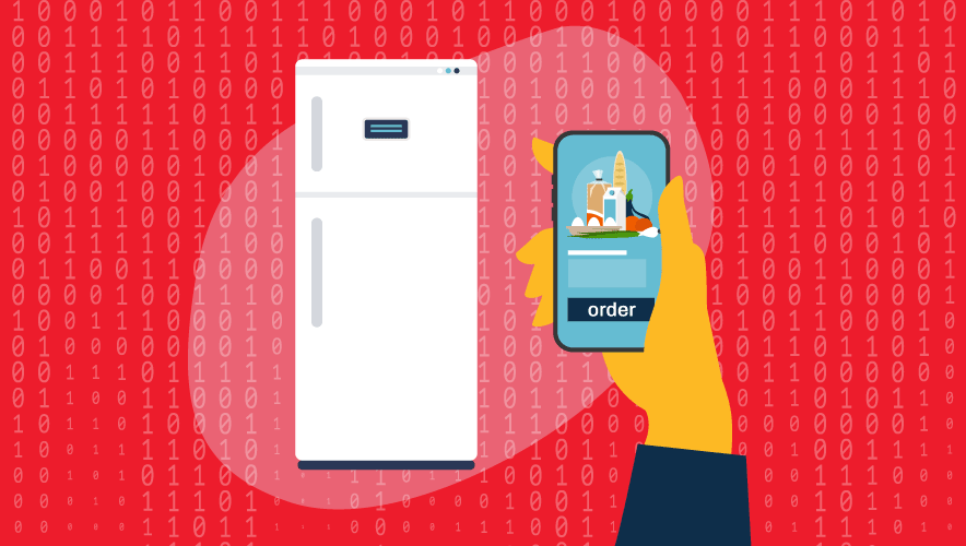 An illustration of a person ordering groceries on their smartphone which is connected to an Internet of Things refrigerator