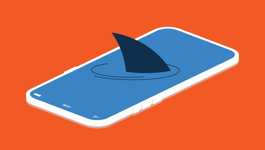 illustration of a shark fin swimming around in a smartphone screen on an orange background