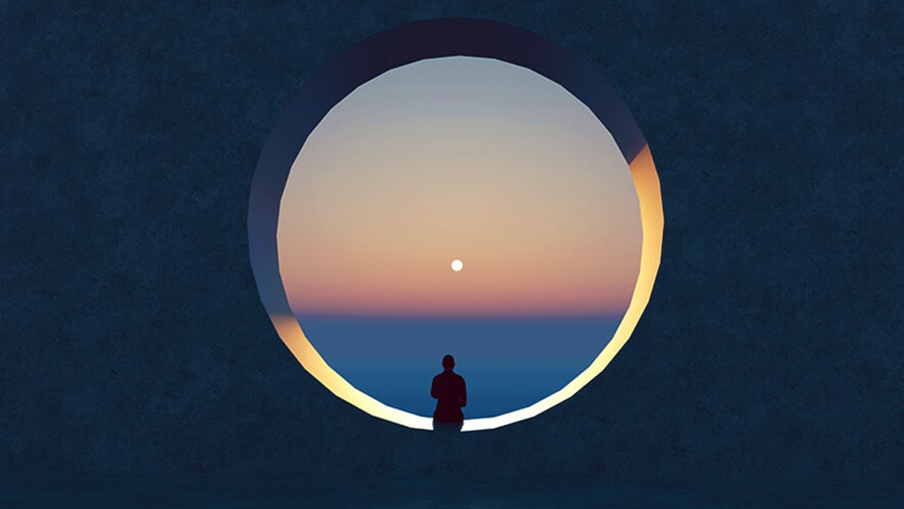 Illustration of a person sitting on the edge of a round window looking contemplatively out across a sunset